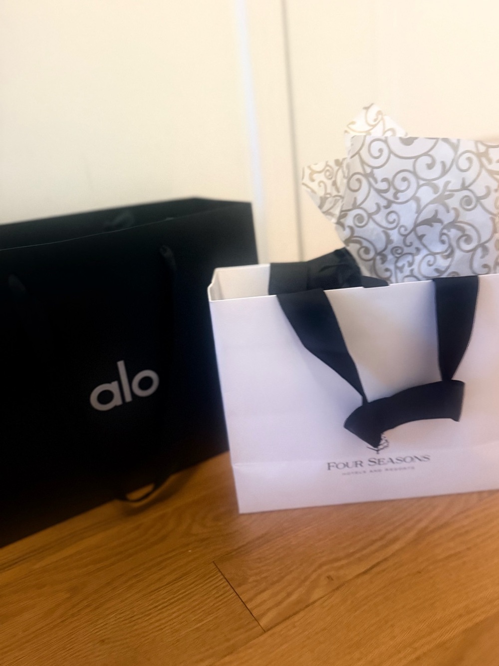 Four Seasons Boston luxury resort White Gift Bag with Black Ribbon & Alo bag